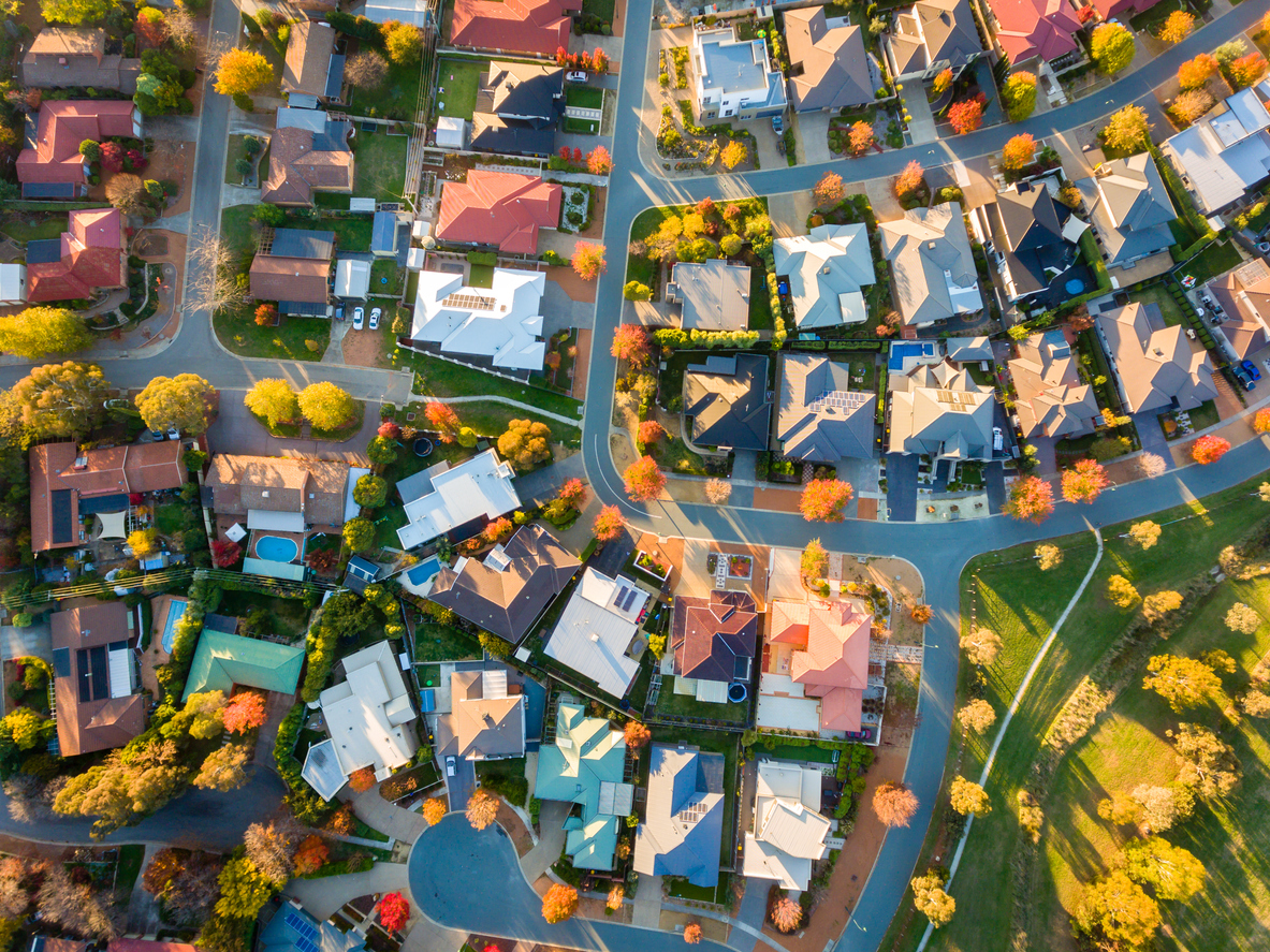 Overhead view of neighborhood in Autumn