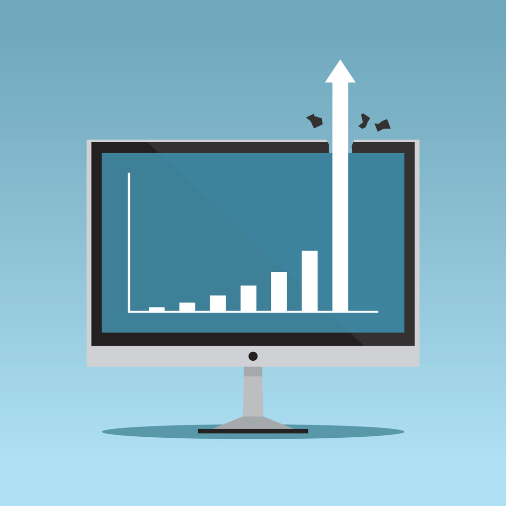 Computer screen showing graph breaking through top of screen